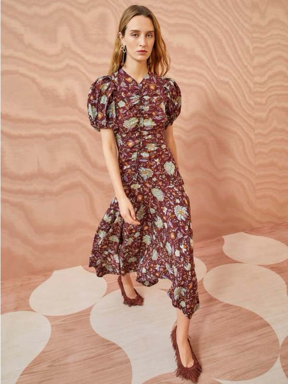 Ulla Johnson Heleen Burgundy Floral Puff-Sleeve Midi Dress